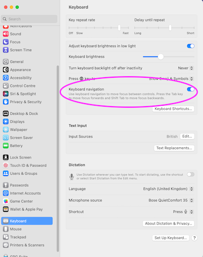 Mac OS Ventura keyboard settings showing the location of the tab navigation option