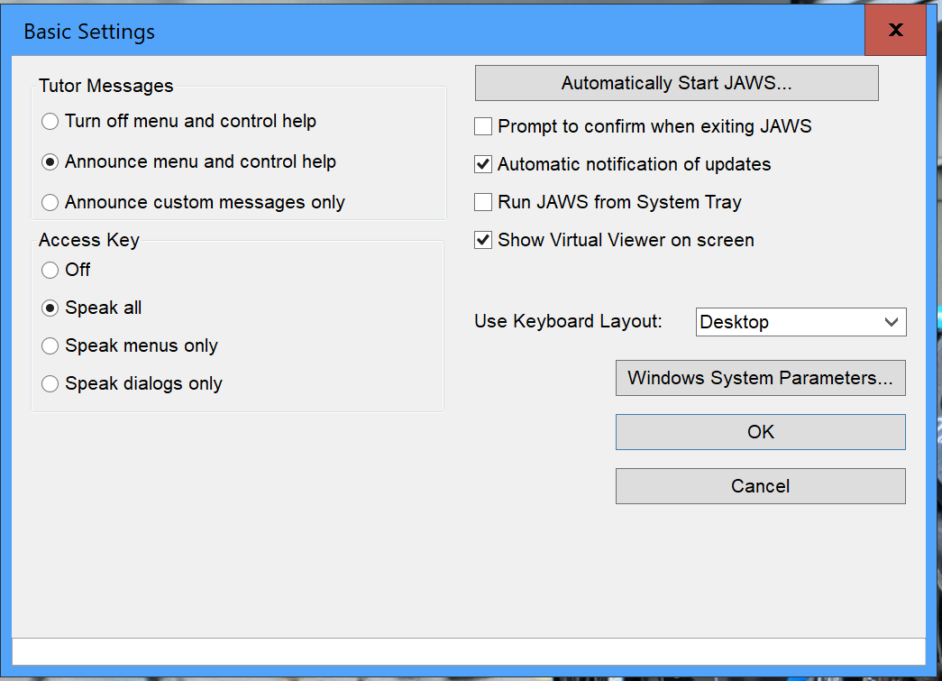 JAWS settings showing location of the keyboard layout options