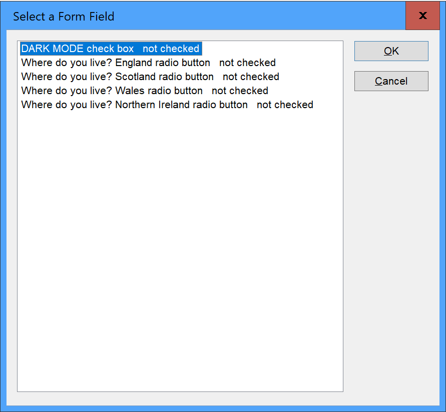 Form controls dialog showing legend alongside each field label