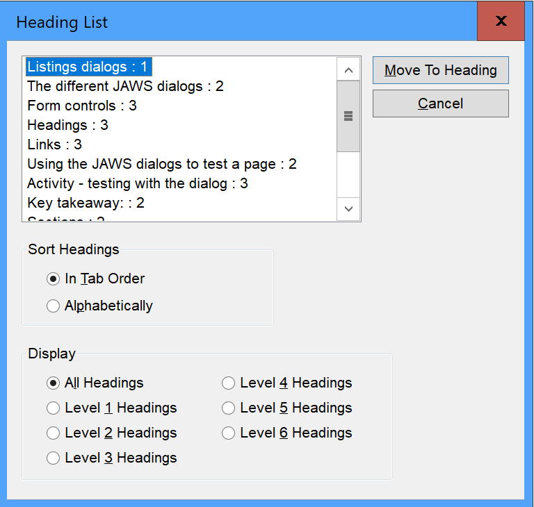 JAWS' dialog showing a list of headings