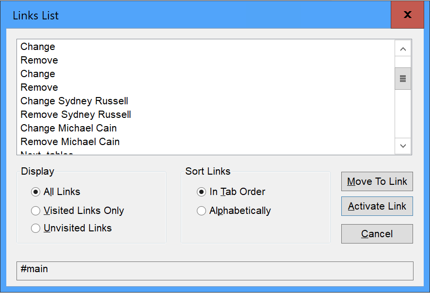 JAWS links dialog showing how hidden copy can make links much clearer - links from the items in the first example are indistinguishable from each other whilst those in the second example with the hidden content are clearly defined