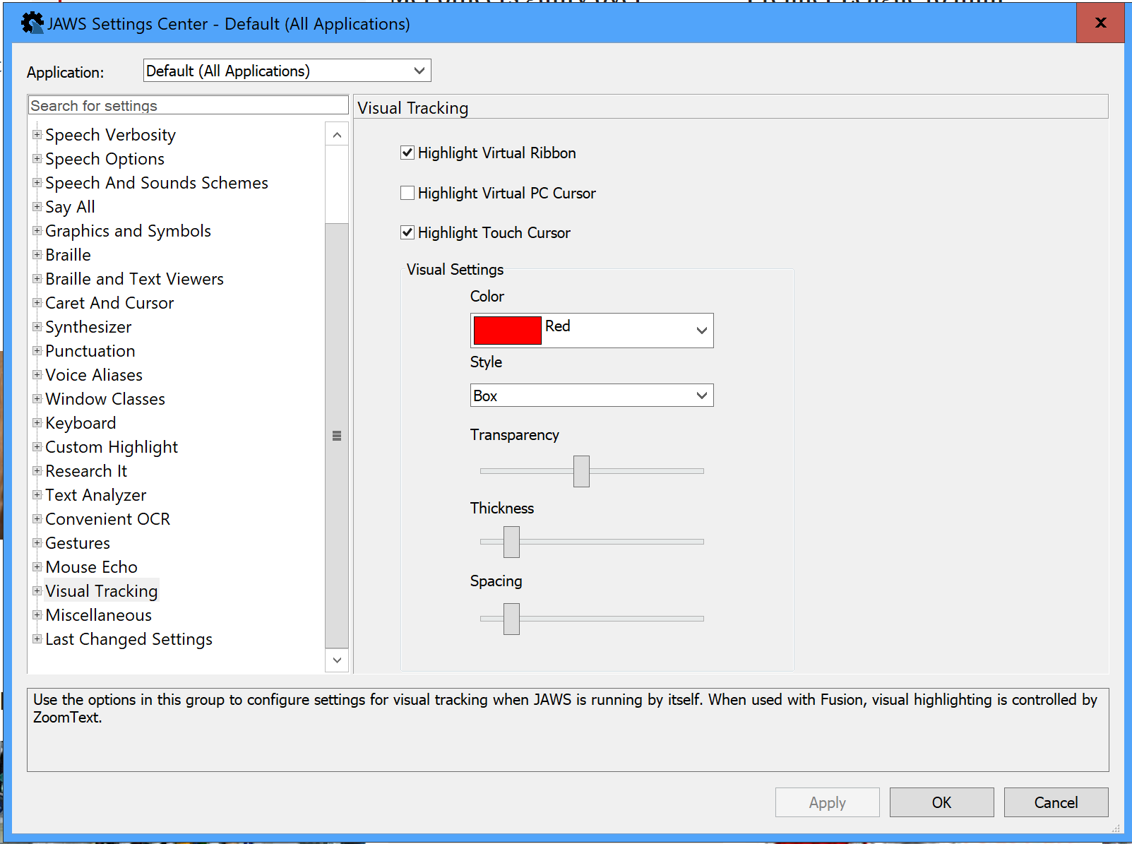 JAWS settings showing location of the visual tracking options