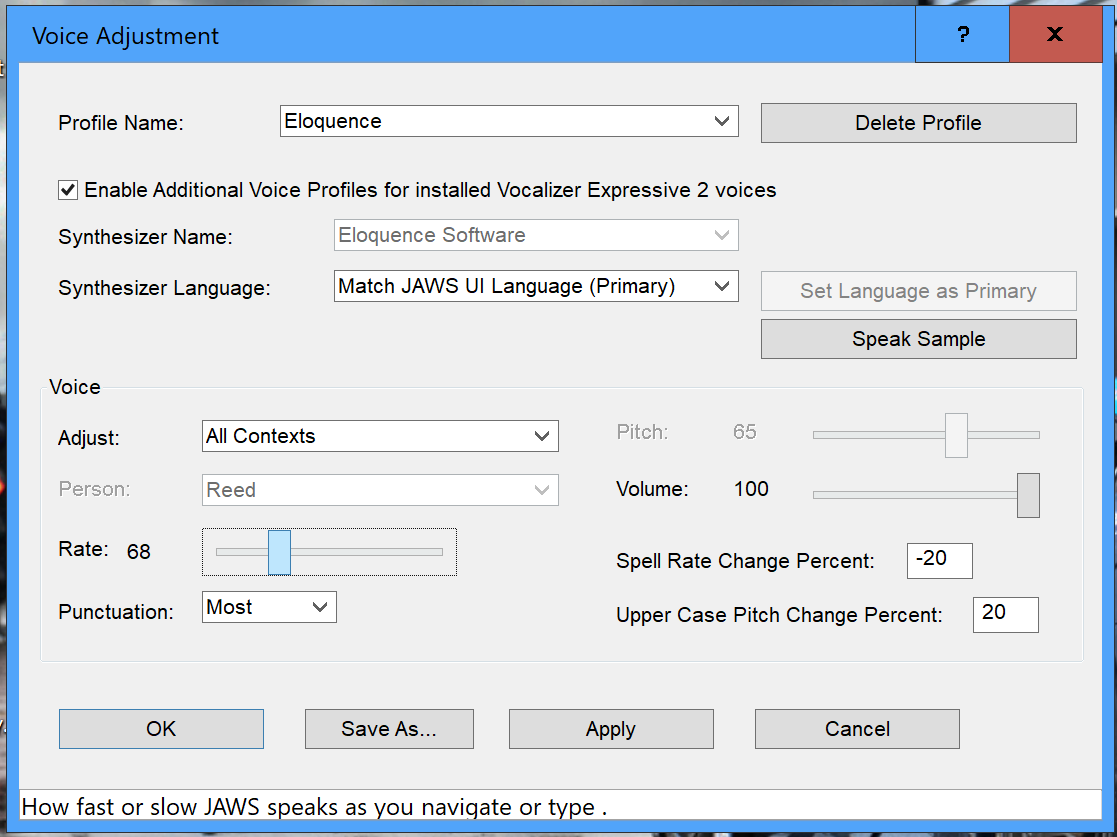 JAWS settings showing location of the speech options