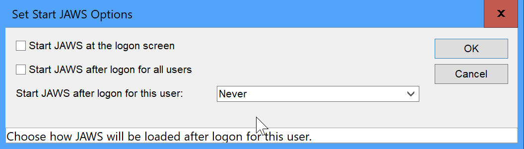 JAWS start-up options during install
