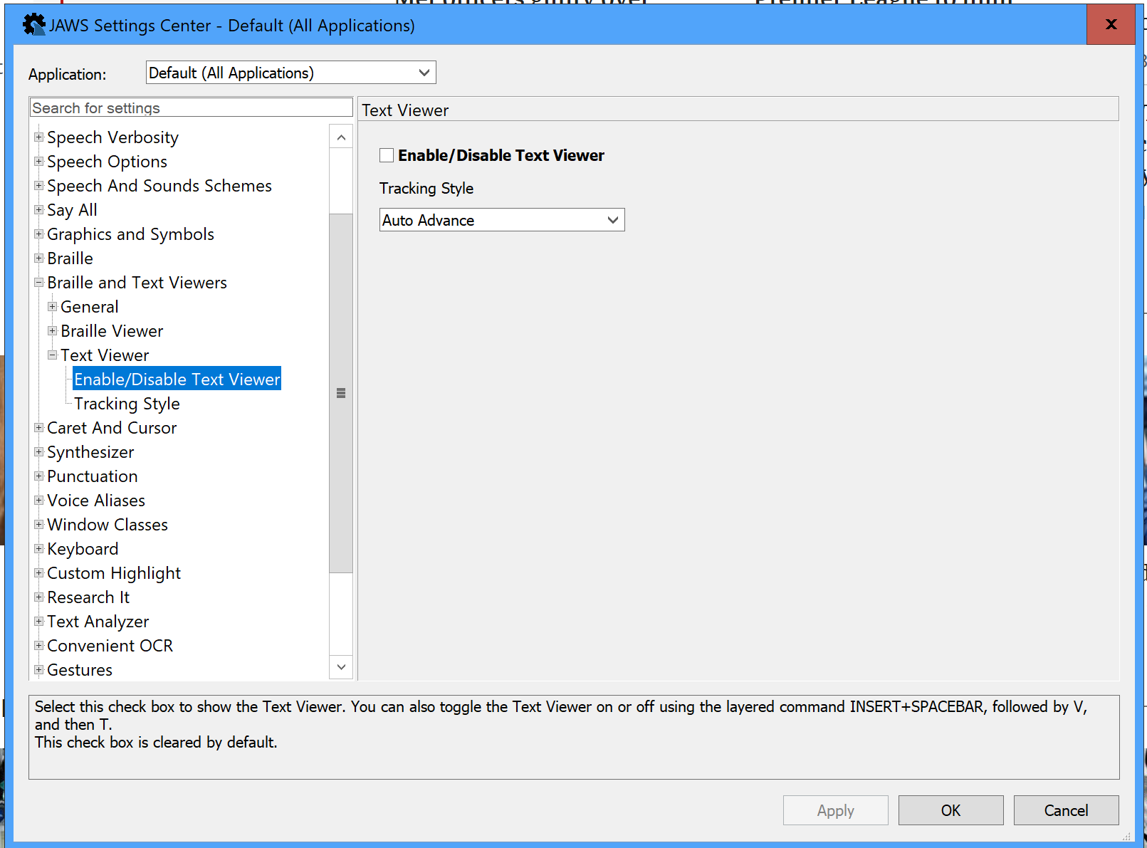 JAWS settings showing location of the text viewer options