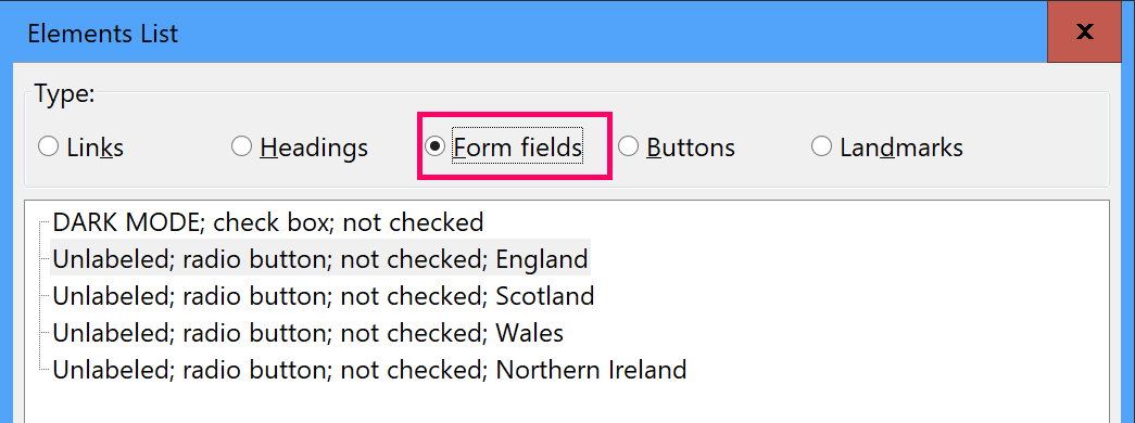 Form controls list in Chrome showing legend being misreported as unlabelled alongside each field label