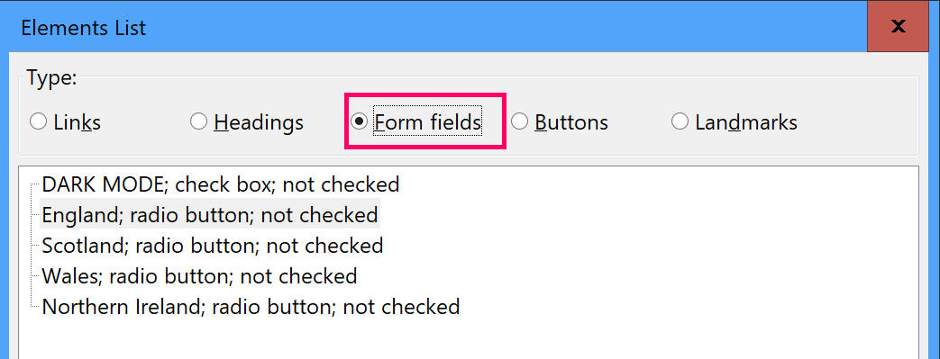 Form controls list in Firefox showing legend alongside each field label
