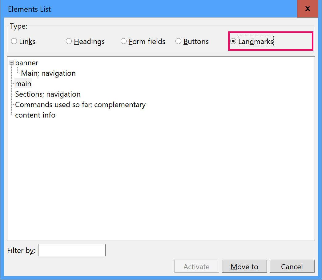 NVDA's elements list showing a list of landmarks