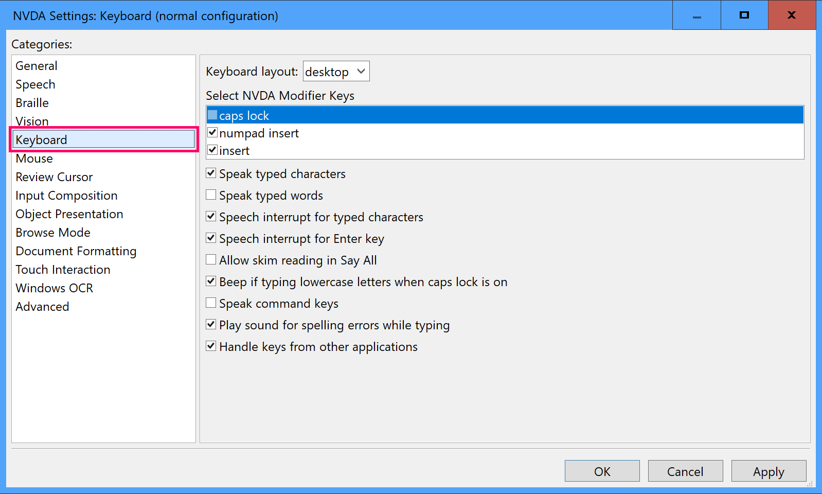 NVDA settings showing location of the modifier key options