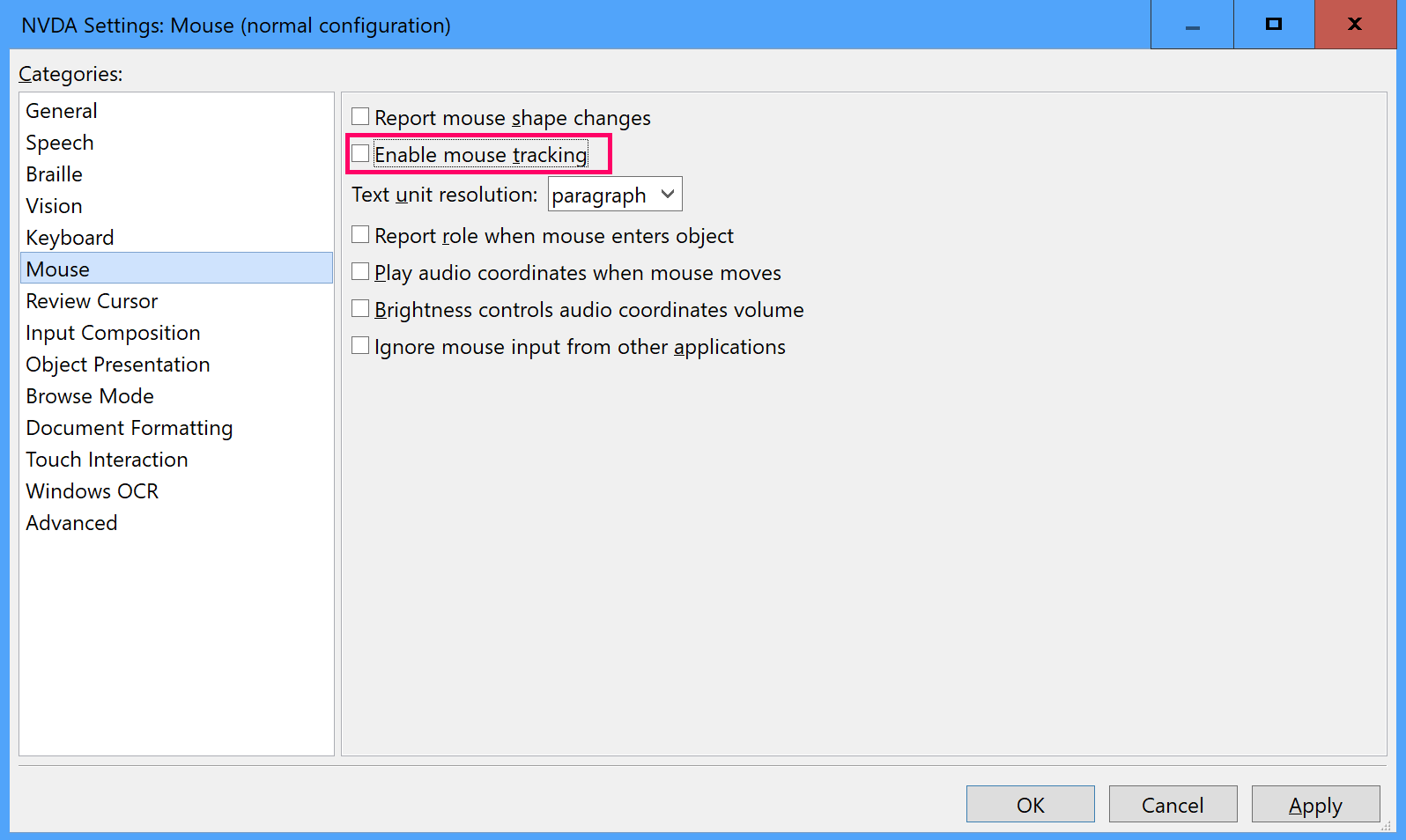 NVDA settings showing location of the Mouse Tracking option