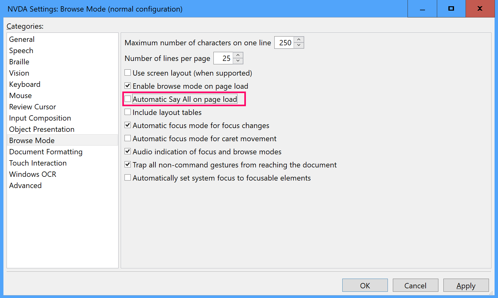 NVDA settings showing location of the Say All option