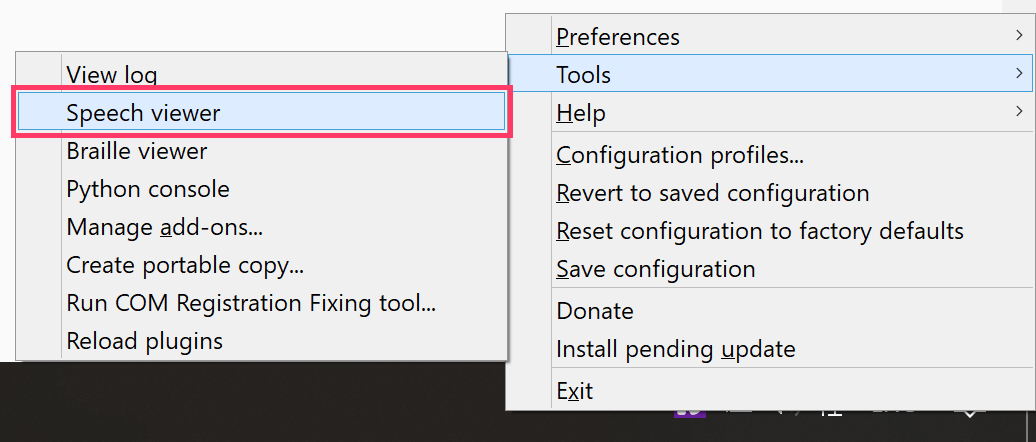 NVDA menu showing location of the speech viewer