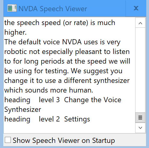 The NVDA speech viewer showing output from this page