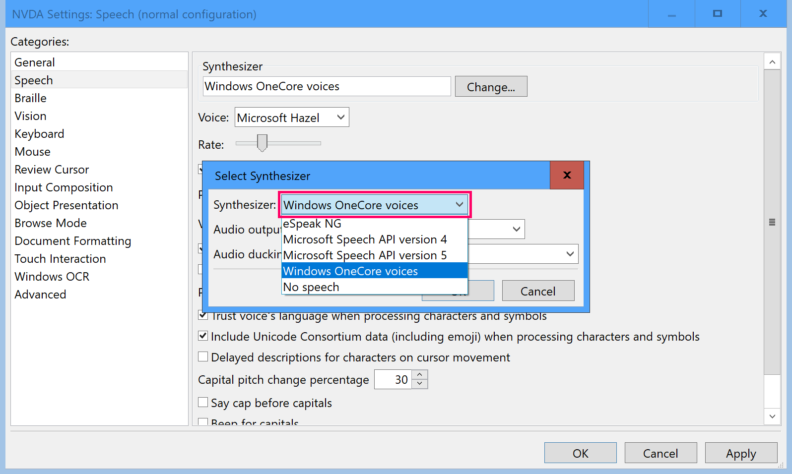 The voice synthesizer settings panel