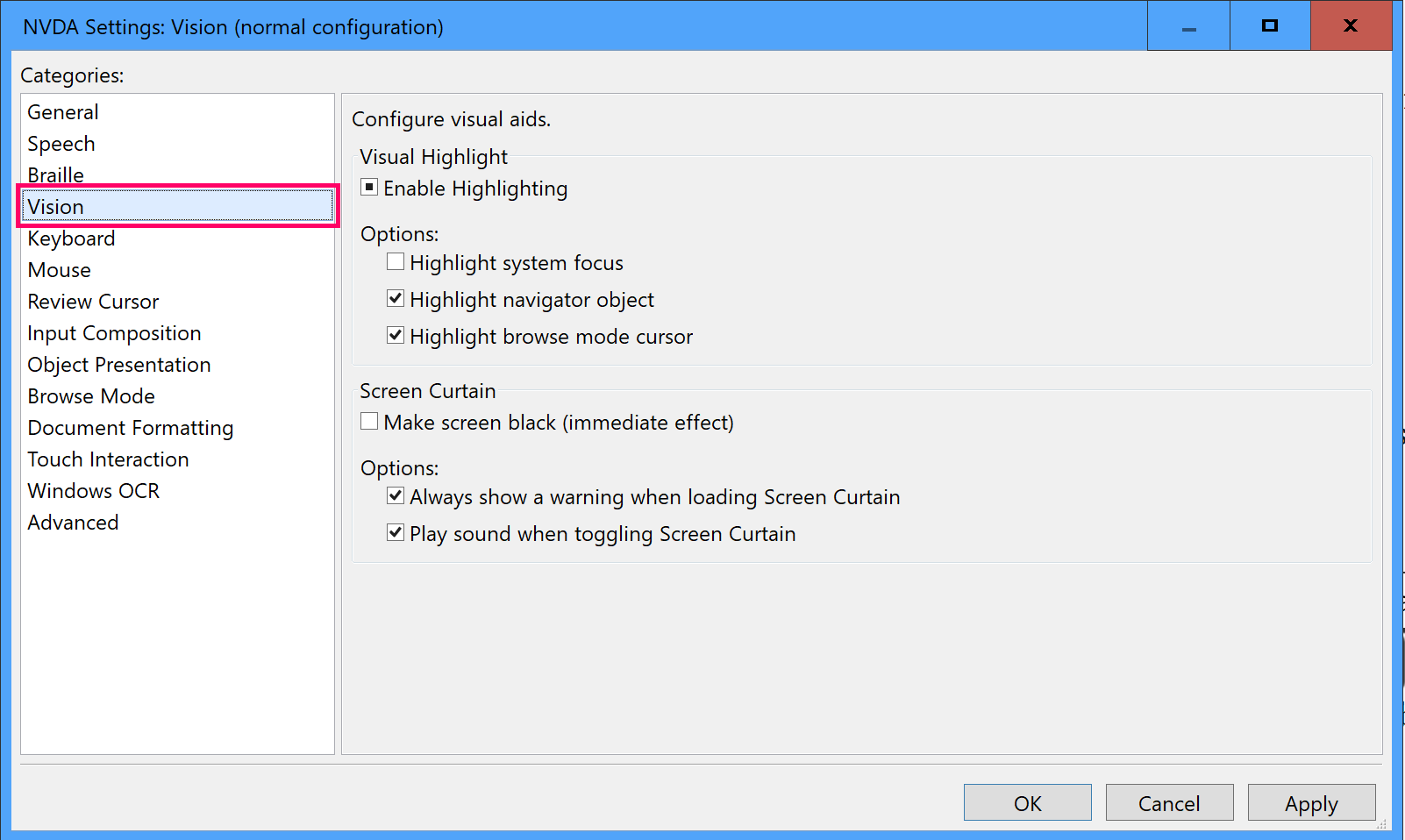 NVDA settings showing location of the visual tracking options