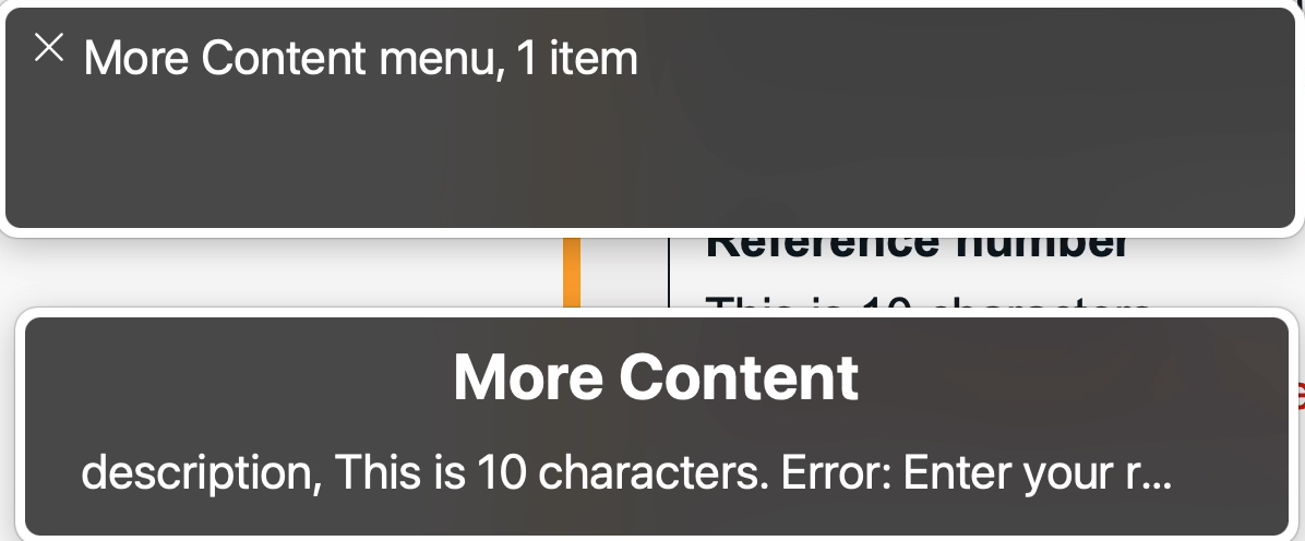Two Voiceover dialogs. The first says More Content menu 1 item. The second has the heading of More Content and shows one item which has truncated content saying - description, This is 10 characters. Error: Enter your