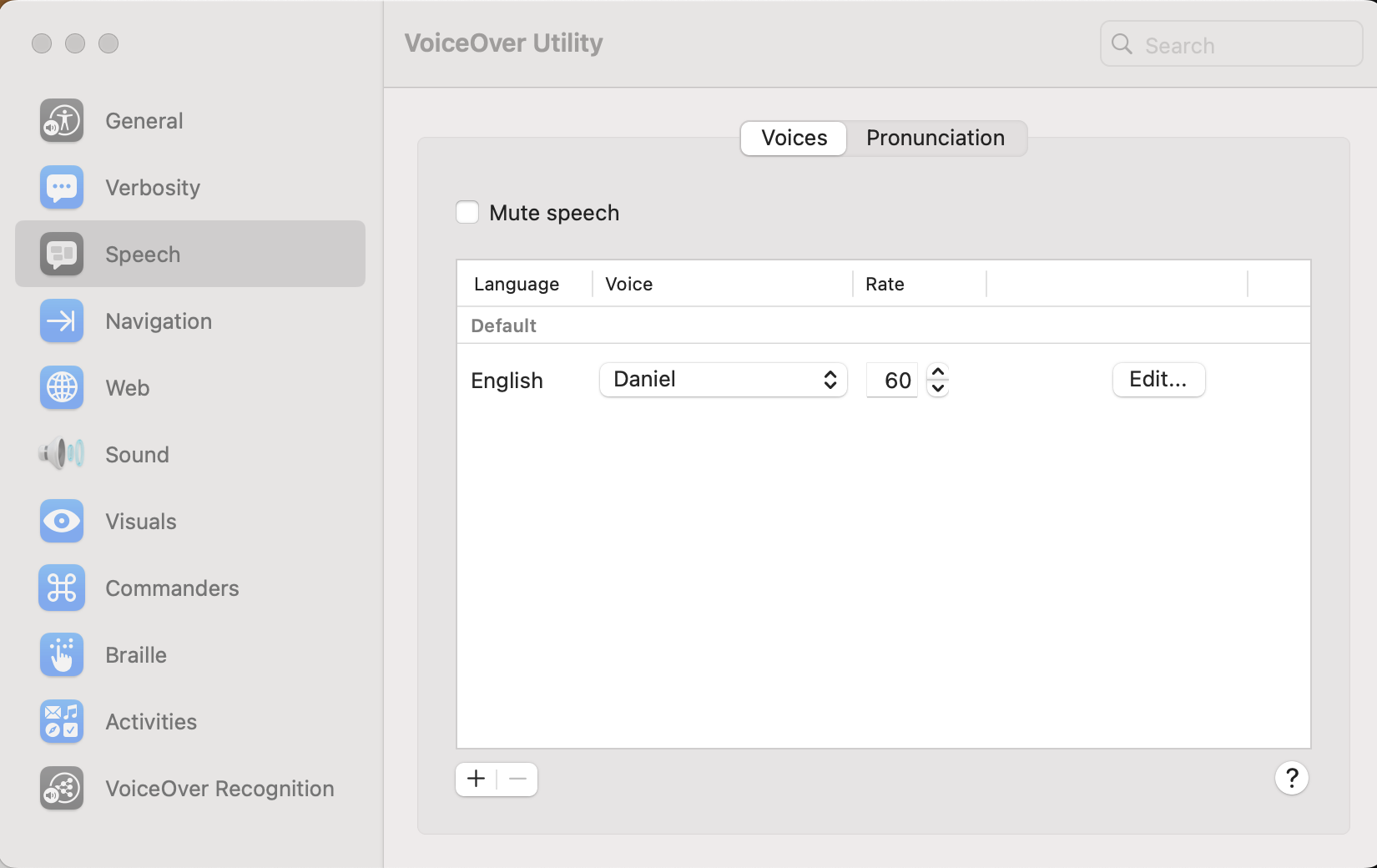 Voiceover settings showing location of the speech options