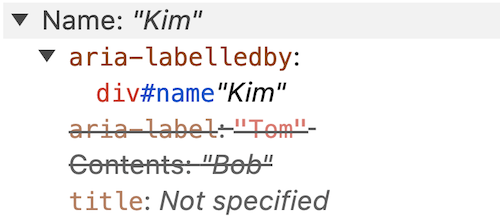 Chrome developer tools accessibility panel showing the link's accessible name is now derived from the aria-labelledby attribute and overrides the other aria.