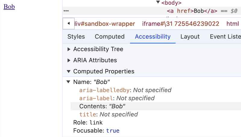 Chrome developer tools showing a link inspected. The Accessibility panel is open and the Name is shown as Bob