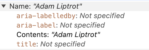 Chrome developer tools accessibility panel showing the link's accessible name is derived from its contents