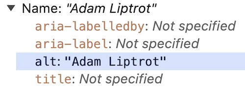 Chrome developer tools accessibility panel showing the image's accessible name is derived from the alt text