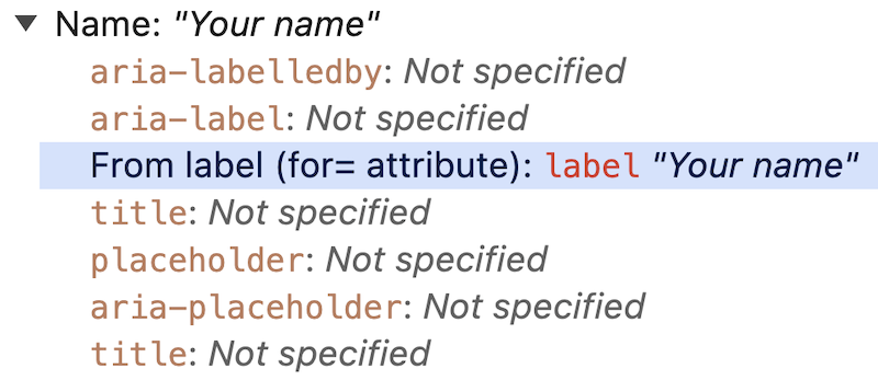 Chrome developer tools accessibility panel showing the input accessible name is derived from the relationship with the label