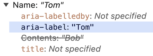 Chrome developer tools accessibility panel showing the link's accessible name is now derived from the aria-label attribute and overrides the visible content.