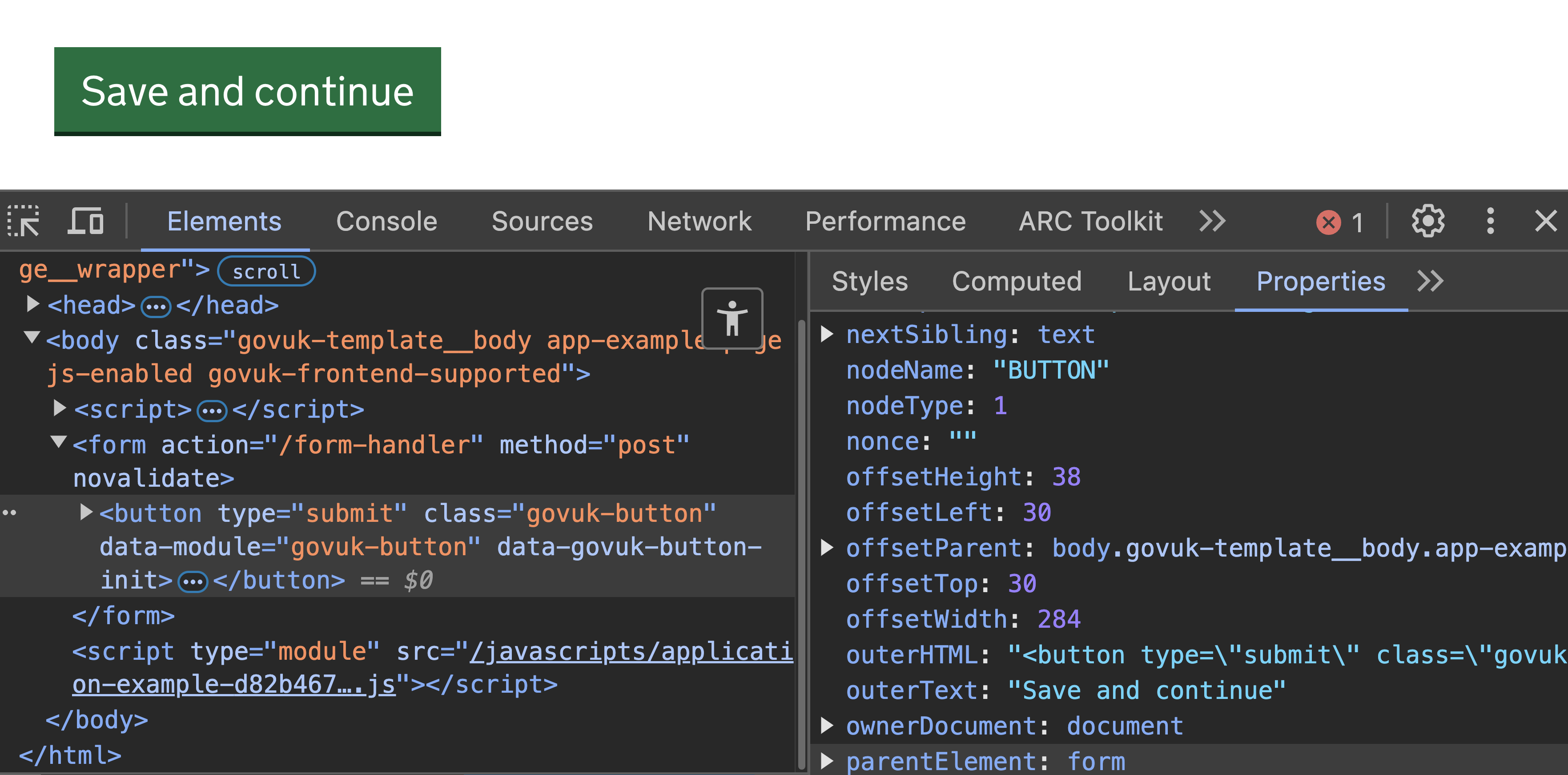 A webpage with developer tools open showing the Elements panel with the HTML and the Properties panel with the details of the selected node.