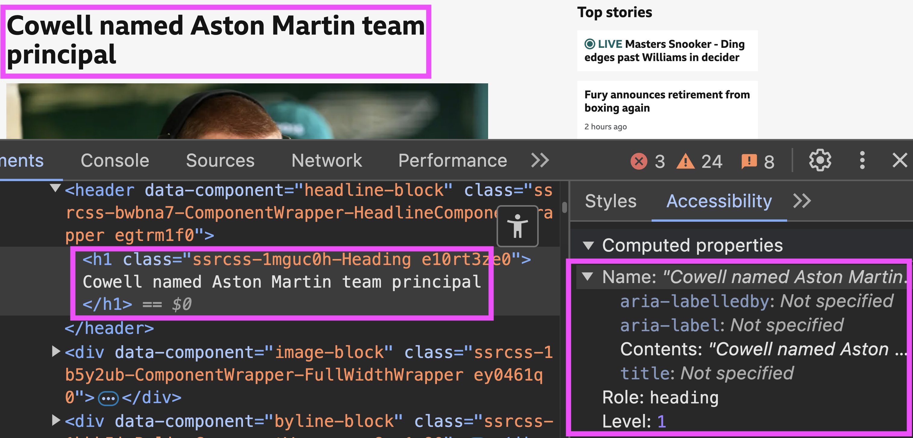 A website page h1 shown in Chrome developer tools. The h1 text is shown as the accessible name and the role is shown as heading. There is also a level property which is shown as level 1.