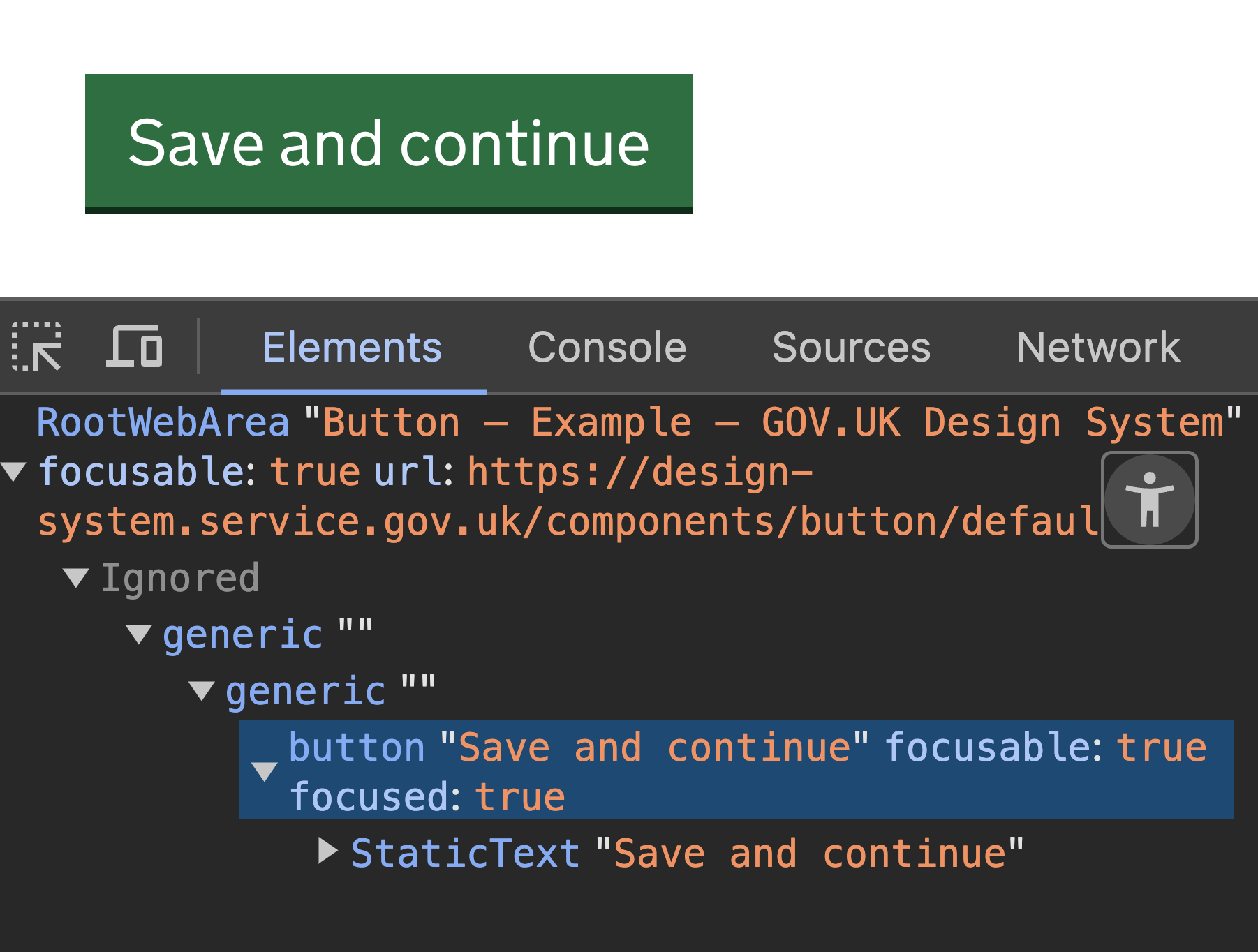 A web page with developer tools open on the Elements panel. Full Accessibility Tree view has been selected to show the tree representation of the page.