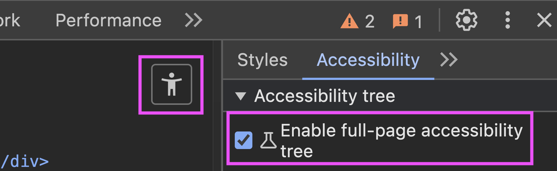 Chrome developer tools showing the accessibility tree in place of the elements panel