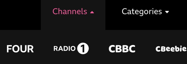 A button labelled Channels with an arrow icon alongside indicating it is open. Below is a list of radio and tv channels.