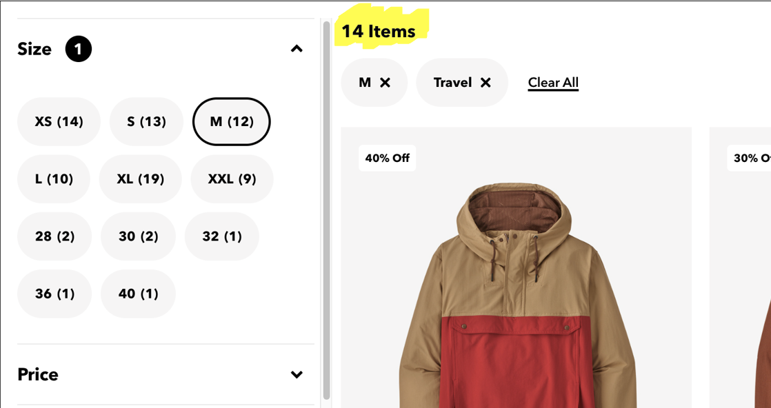 An ecommerce page with a set of filters in a sidebar. Above the product results is highlighted a count of how many products were found.