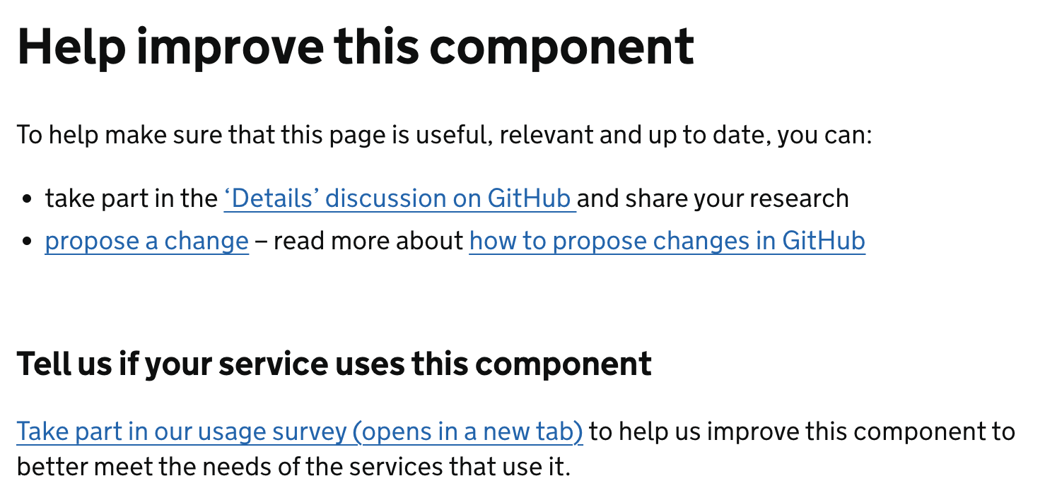 Screenshot of documentation asking for feedback on a component. There are options to take part in a discussion, propose a change or take part in a usage survey.