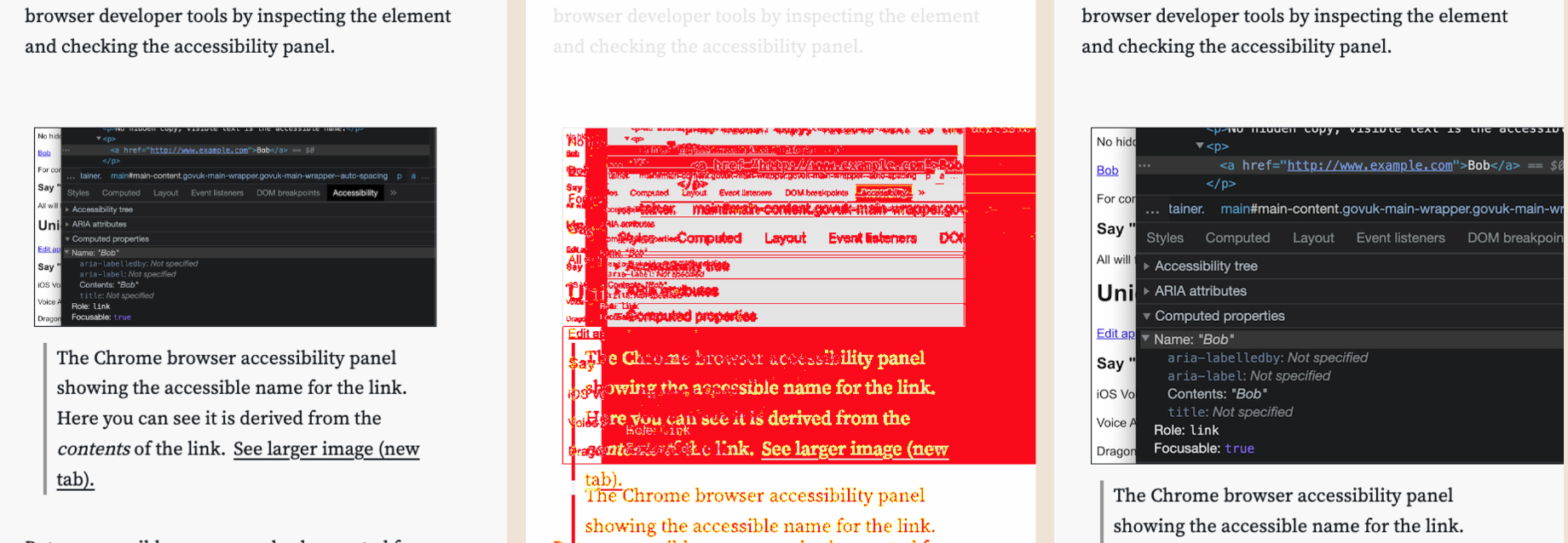 Three screenshots of the same page. The first and last have slight differences with the image overflowing the viewport on the last. The middle screenshot shows the difference between the two and highlights it in red.
