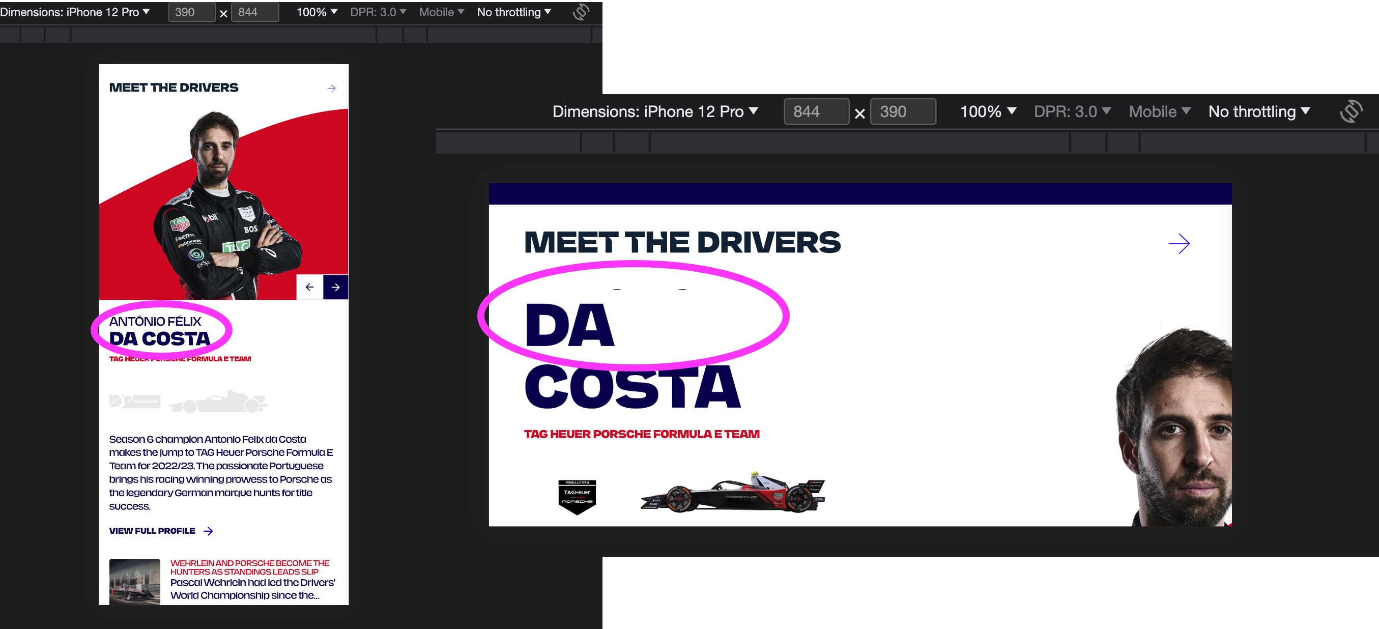 Screenshots of a driver page on Forumula E. The first screenshot has the page in mobile portrait mode and shows the driver first name above their second name. The second screenshot has the page in landscape mode and the first name has been entirely cut off.