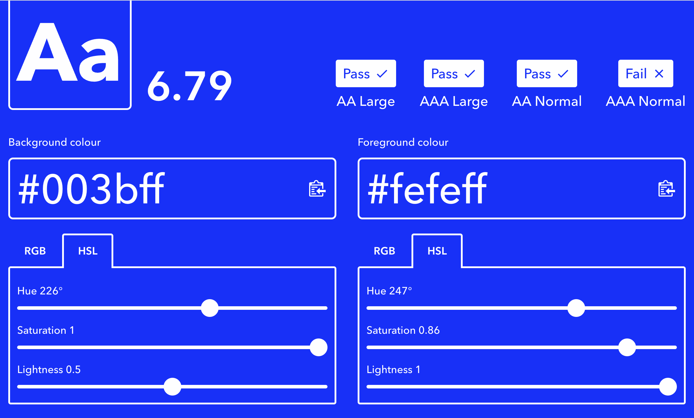 A colour contrast checker interface showing two colour values being compared. The result shows a contrast score and WCAG pass-fail indicator.