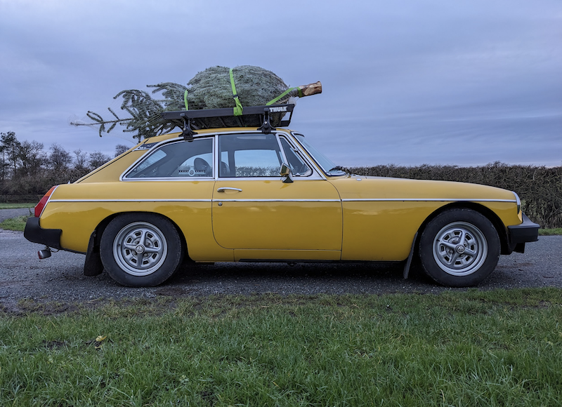 A classic 2-door yellow sports car with a roof-rack. On the roof rack is a christmas tree.