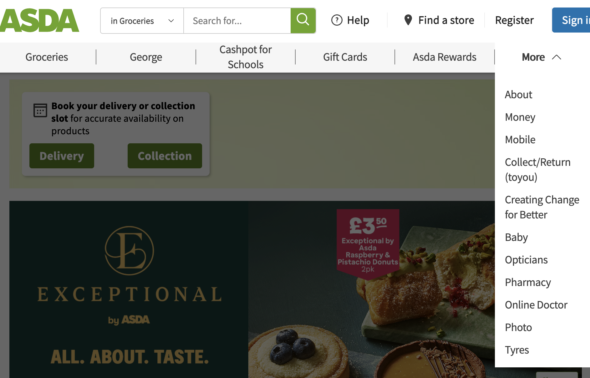 Asda navigation. A link labelled More has opened a drop-down containing nearly a dozen more links to departments and services.