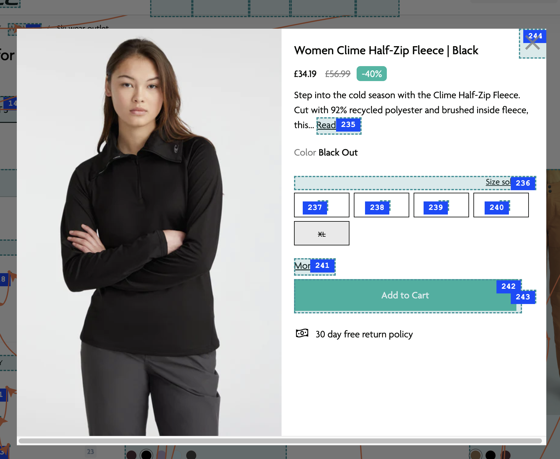 A product view. Links and buttons have numbers assigned by the tab order plugin. The size options which are represented by the size name in a box now have numbers assigned indicating they are also keyboard accessibe.