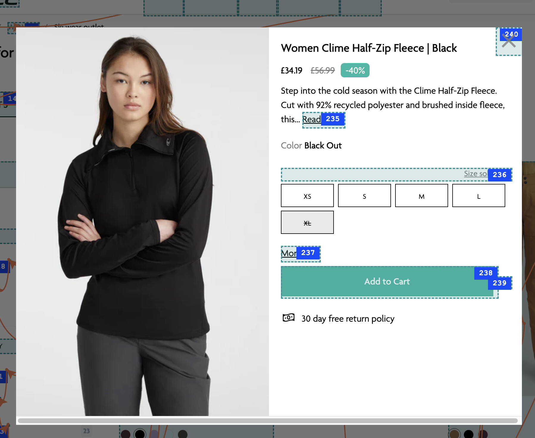 A product view. Links and buttons have numbers assigned by the tab order plugin. The size options which are represented by the size name - XS, S, M, L and XL - in boxes do not have numbers assigned indicating they are not keyboard accessibe.