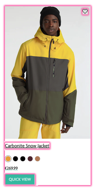 A product card showing an outdoor jacket. The overlay shows that the card itself is a link but so is the product name, a wishlist icon and a quick view button.