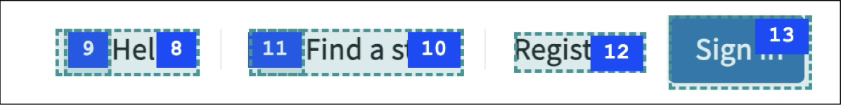 The Asda help and find a store navigation links in more detail and with a tab stop overlay shown. The icons and links are separate tab stops, so each link has two tab stops.