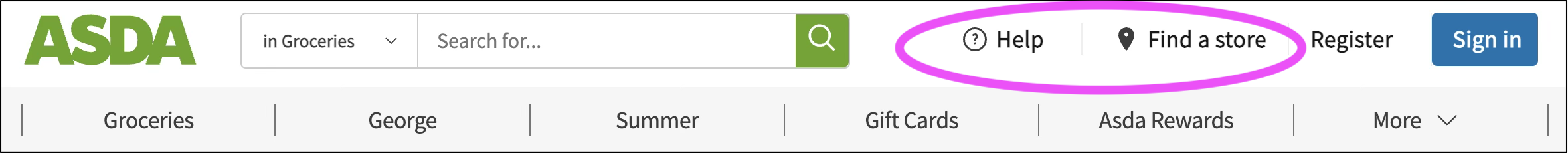 The navigation area for Asda. Two links have been highlighted, help and find a store. Both have icons to the left of the link text.