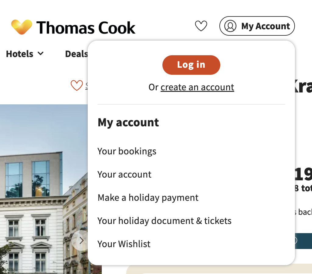 The my account link has been actived and a popup menu appears providing options for the user.