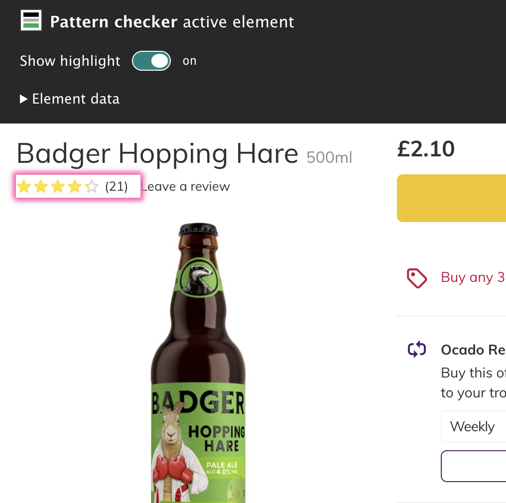 A product page with a review score highlighted by a pink outline. Above it is a panel from the Pattern Checker plugin with settings to show or hide the outline.