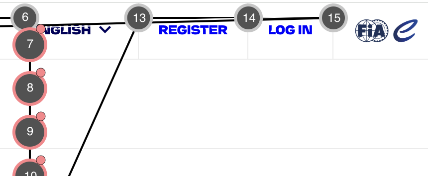The same links but with an overlay shoing the focus order. The first link, English with the arrow, is labelled 6. The second link is labelled 13. The intervening numbers are arranged vertically under the English link, but no associated elements are visible.