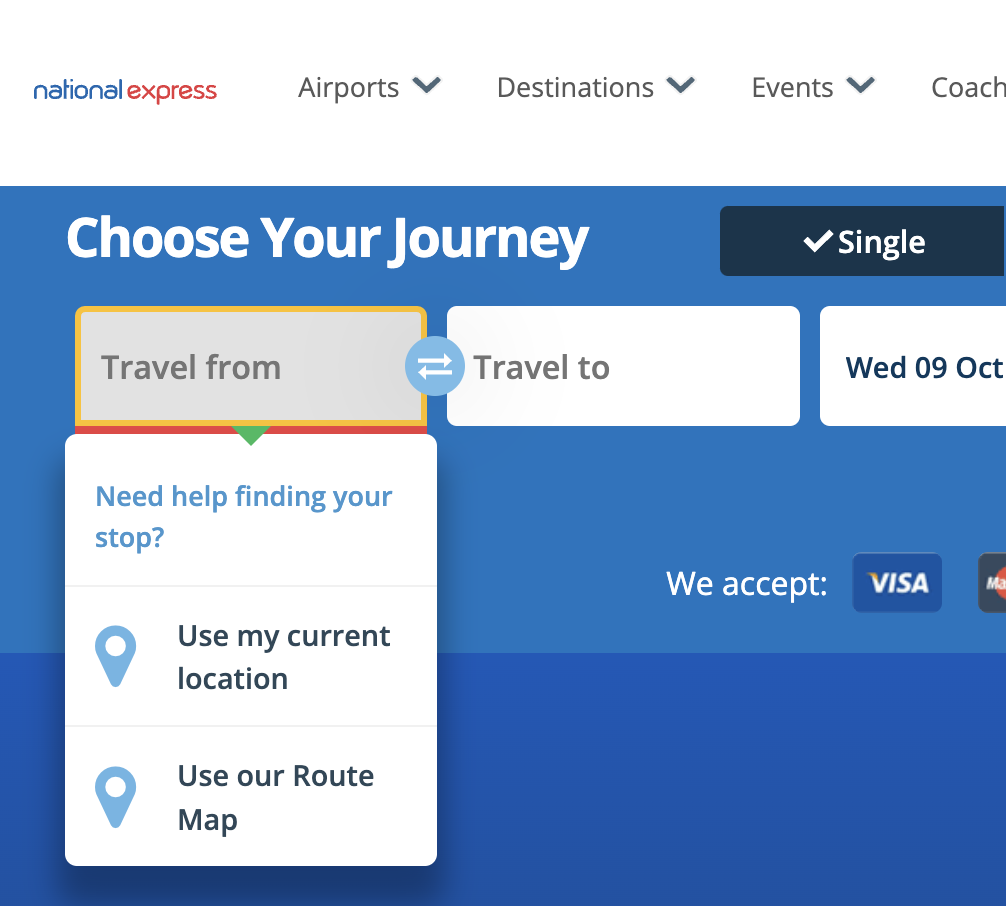 A form field below the title choose your journey. The field has focus and has placeholder text of Travel from. It has a drop-down with 3 options intended to make finding the start point easier.
