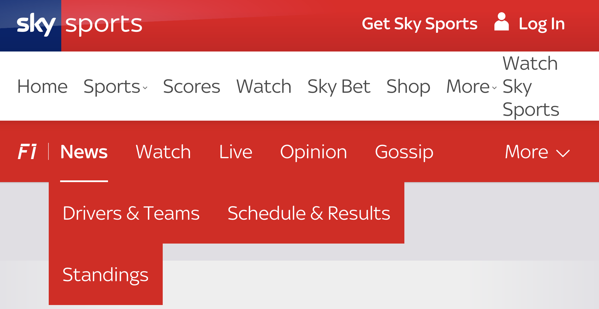 Screenshot of the same Sky Sports menubar. All menu options are now visible.