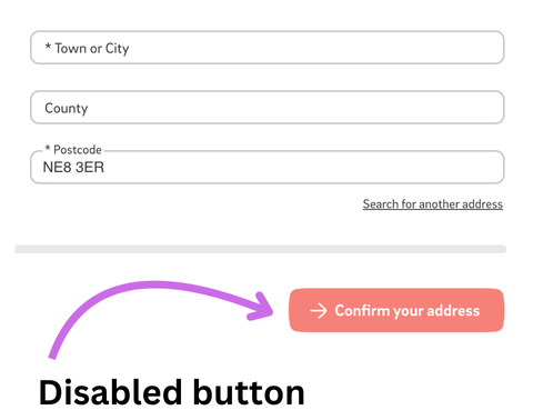 An address form. A field asking for the town is left blank and the submit button is a faint red.